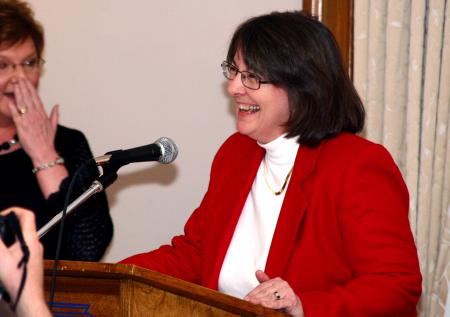 Mary Ann Poe, social work chair, gives a short acceptance speech after receiving the honor of being named Altrusa International Club's Woman of the Year. - Photo by Kristi McMurry Woody