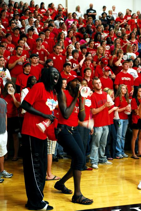 Zeinab Chan and Lavanda Ross lead the cheers for the Bulldogs at the TranSouth Conference Tournament Finals against Freed-Hardeman. - Photo by Kristi McMurry Woody