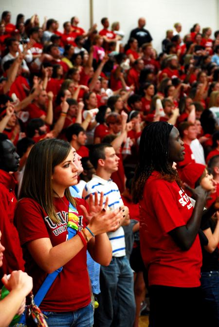 Fans cheer for Union at the TranSouth Conference Tournament Finals against Freed-Hardeman. Students were instructed to wear red for a 'red out.' - Photo by Kristi McMurry Woody