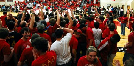 Fans celebrate the Bulldogs' win in the TranSouth Conference Tournament Finals against Freed-Hardeman. - Photo by Kristi McMurry Woody
