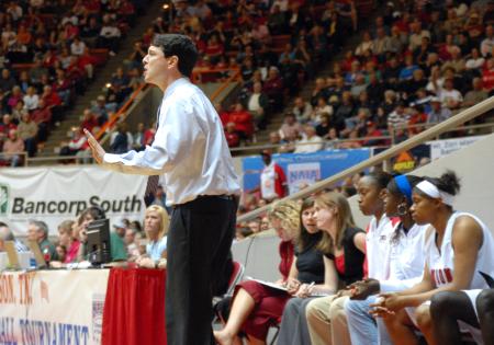 Coach Mark Campbell gives the Lady Bulldogs direction during the championship of the 2009 NAIA tournament. - Photo by Kristi McMurry Woody