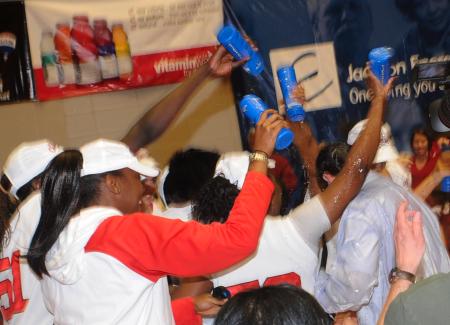 Coach Campbell gets a celebratory shower after the NAIA national championship game. - Photo by Morris Abernathy