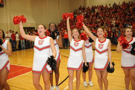 Union cheerleaders celebrate the Bulldog's win in the TranSouth Conference Tournament chmpionship game. - Photo by Morris Abernathy