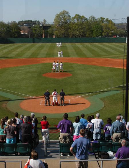 The Union University Bulldogs stand at attention during the National Anthem at Fesmire Field. - Photo by Steven Aldridge