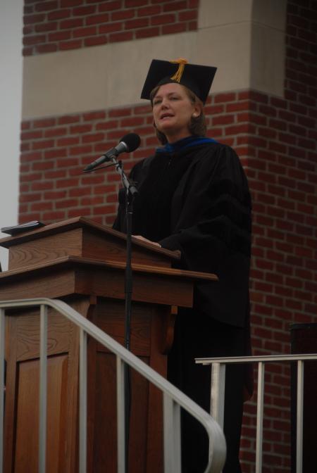 Provost Carla Sanderson addresses the graduates during the spring graduation ceremony. - Photo by Angela Abbamonte
