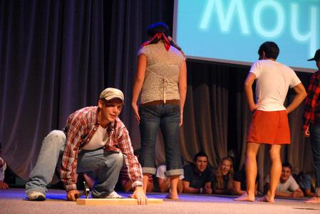 Scott Riessen, junior Christian studies major, plays a part in the Focus show that all Focus leaders put on for incoming freshmen. - Photo by Kristi McMurry Woody