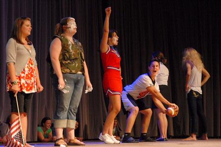 Focus leaders put on a humorous skit for the incoming freshmen during new student orientation. - Photo by Kristi McMurry Woody