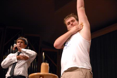 Focus leaders put on a humorous skit for the incoming freshmen during new student orientation. - Photo by Kristi McMurry Woody