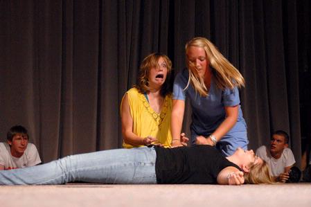 Focus leaders put on a humorous skit for the incoming freshmen during new student orientation. - Photo by Kristi McMurry Woody