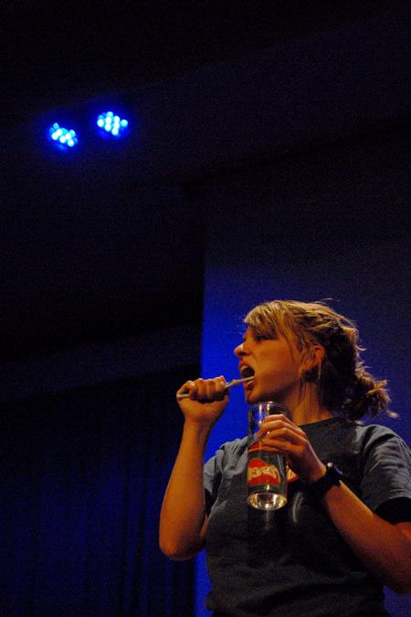 Focus leader Natalie West, senior journalism major, participates in a skit during the Focus show for incoming freshmen. - Photo by Kristi McMurry Woody
