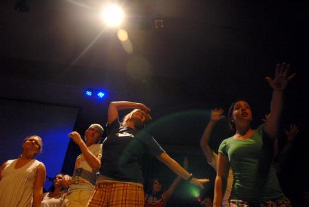 Focus Leaders enthusiastically perform <em>Butterfly Kisses</em> at the Focus show during new student orientation. - Photo by Kristi McMurry Woody