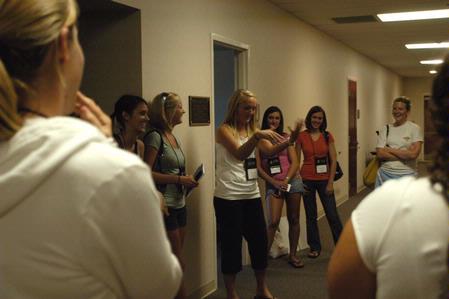 Kendal Conner, junior public relations/advertising major, leads her Focus group in an icebreaker. - Photo by Sarah Palmer Goff