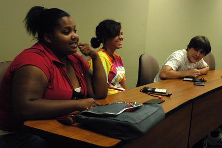 Jasmine Martin, Chelsea Young, and Curtis Shulz have fun in their Focus group meeting during new student orientation. - Photo by Sarah Palmer Goff