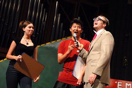 John Dawson, sophomore history major and SAC Game Show host, asks James Liu, freshman psychology major, for his name and hometown. This annual game show is a way for freshmen to win prizes and have fun. - Photo by Kristi McMurry Woody