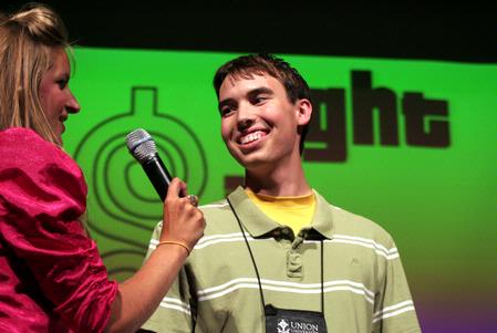 Jonathan Gwaltney, freshman, answers questions from one of the hosts of the SAC Game Show, Right is the Price.
 - Photo by Kristi McMurry Woody