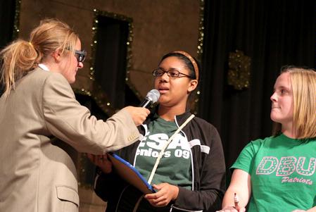 Freshmen contestants for the SAC Game Show answer questions from one of the hosts of the game show. This annual game show is a way for freshmen to win prizes and have fun. - Photo by Kristi McMurry Woody