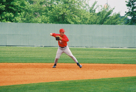 Chris Ring, alumnas and former Union graduate assistant fields the shortstop position durning the 2003 Union Baseball Alumni Game. - Photo by Steven Aldridge