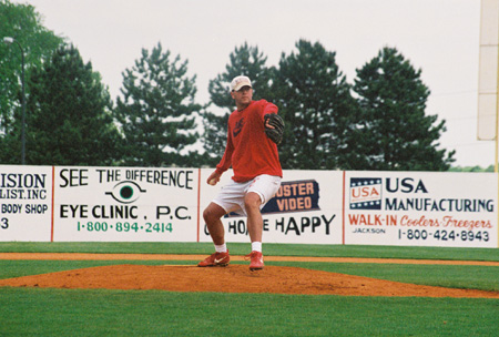 Ed Grammer (1998 alumnas) pitches at the 2003 Union Baseball Alumni Game. - Photo by Steven Aldridge