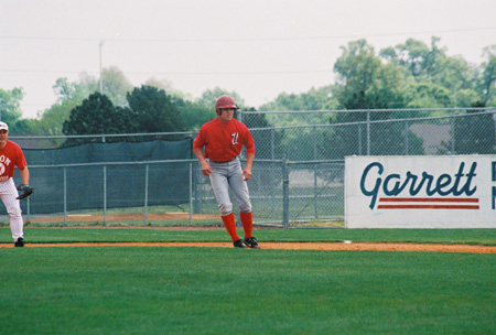 Union right fielder, Chip Briggs of Clarksville, Tenn. gets a lead as the current Union players battle the alumni. - Photo by Steven Aldridge
