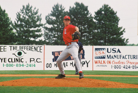 Union pitcher Wesley Plunk from Savannah, Tenn. as pitches during the 2003 Alumni Weekend at Union's Fesmire Field. - Photo by Steven Aldridge