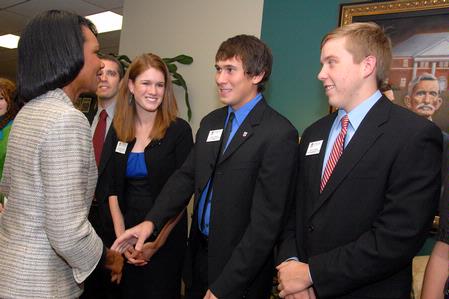 Former Secretary of State Condoleezza Rice greets Union student, Micah Roeder, sophomore psychology major, during a brief reception before the 2009 scholarship banquet. - Photo by Kristi McMurry Woody