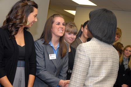 Kristin Tisdale, sophomore nursing major, shakes hands with former Secretary of State Condoleezza Rice during a reception before the 2009 Scholarship Banquet. - Photo by Kristi McMurry Woody