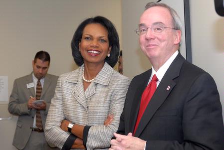 Former U.S. Secretary of State Condoleezza Rice listens to questions from students during a short reception preceding the 2009 Scholarship Banquet. - Photo by Kristi McMurry Woody
