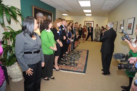 President Dockery talks with members of the Union community as they await the arrival of Former U.S. Secretary of State Condoleezza Rice. - Photo by Morris Abernathy