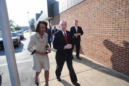 President Dockery escorts Condoleezza Rice into the administrative offices to meet with members of the Union community. - Photo by Morris Abernathy