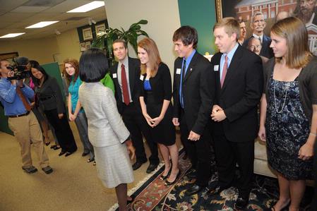 Former U.S. Secretary of State Condoleezza Rice talks with SGA President Courtney Bragg, senior TESL major, during a reception before the 2009 Scholarship Banquet. - Photo by Morris Abernathy