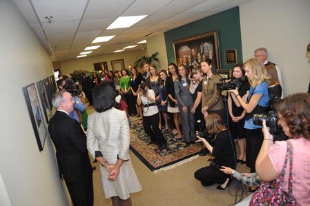 Former U.S. Secretary of State Condoleezza Rice took some time to chat with student leaders in a reception outside the president's office prior to her scholarship banquet address. - Photo by Morris Abernathy