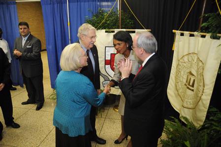 President Dockery introduces Condoleezza Rice to Lead Scholarship Banquet Sponsors Roy and Martha White. - Photo by Morris Abernathy
