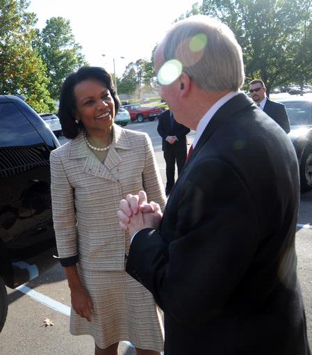 President Dockery welcomes Former U.S. Secretary of State Condoleezza Rice to the Union University campus. - Photo by Morris Abernathy
