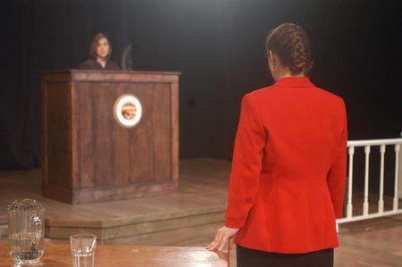 Margaret Broersma, as Lauren Brummond, address Judge Cynthia Ryerson, played by Sara Chinery, in Reap the Whirlwind.  - Photo by Angela Abbamonte