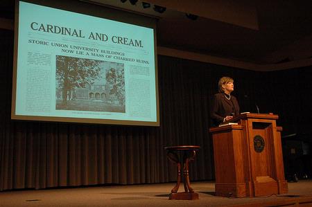 Union University Provost Carla Sanderson regales numerous stories of Union's reputation for surviving seeming impossible odds, such as the Civil War, campus fires and a cholera epidemic, during the Founder's Day chapel on Friday 5, 2010. - Photo by Jordan Buie