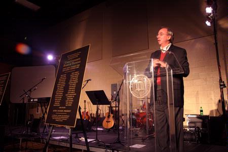Dr. David S. Dockery, President of Union University, speaks of God's blessings at the service commemorating the two-year anniversary of the tornado that hit Union's campus Feb. 5, 2008. - Photo by Angela Abbamonte