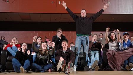 Students in the Bowld Student Commons react to a play during Superbowl 44, Sunday Feb. 7. - Photo by Beth Spain