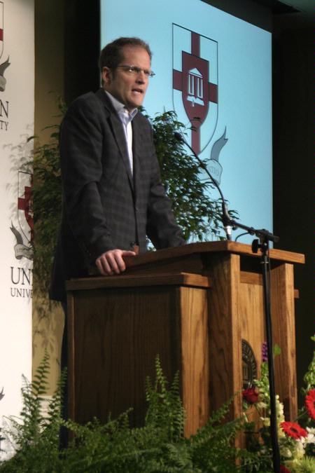 Stephen Prothero, professor of religion at Boston University and author of the bestselling book, “Religious Literacy: What Every American Needs to Know -- And Doesn’t,” speaks at Union Forum in the Carl Grant Events Center. - Photo by Lauren Laster