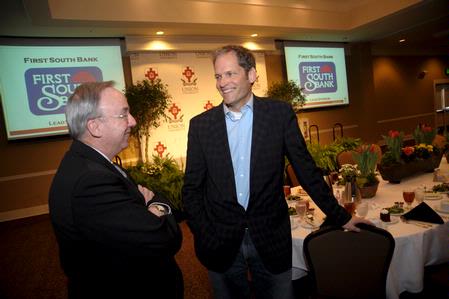 Dr. David S. Dockery, president of Union University, talks with acclaimed author and Boston University religion professor Stephen Prothero before Union Forum. - Photo by Morris Abernathy