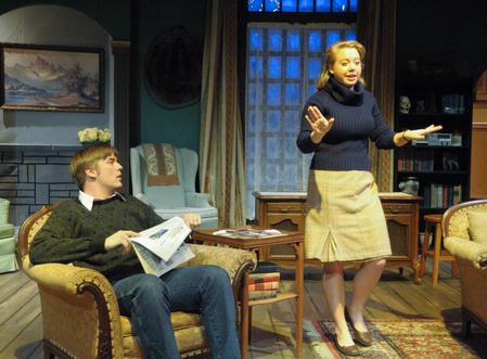 David Conway, sophomore history major, and Jillian Barron, freshman theatre/speech major, perform as Cliff and Molly Ralston in the Union University Players' production of The Mousetrap. - Photo by Morris Abernathy