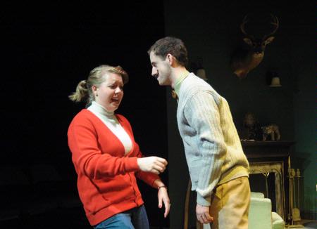 Jillian Barron, freshman, and Chad Hoy, sophomore, both theatre speech majors, perform as Molly and Mr. Paravacini in the murder mystery The Mousetrap, presented by Union University Players. - Photo by Morris Abernathy