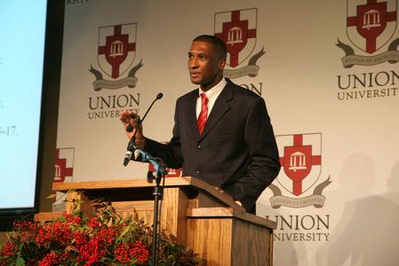 Jeff Wilson, Assistant Professor of Education in the University of Memphis Department of Leadership, speaks at the Black History Month program. He focused on African-Americans in higher education throughout history and in the future. - Photo by Angela Abbamonte