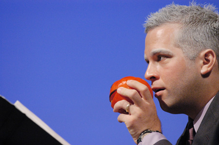 Mark Vanderhaar becomes a talking tomato for the secret life line for SAC's game show during FOCUS 2003.  The tomato knew the right answer. - Photo by Justin Veneman