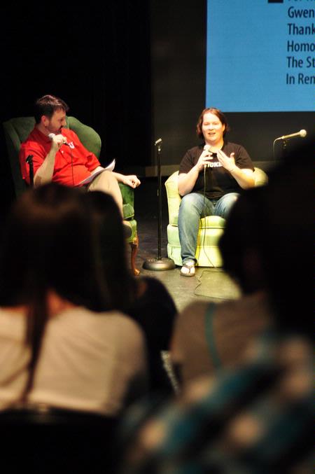 Cam Tracy, web development agent, and Mary Annis, senior digital media studies major, discuss her short film "Alice's Adventures in Art School" at the 2010 Union Film Festival. - Photo by Ryan Oetting