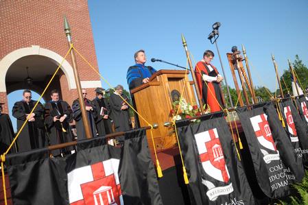 James Shaddix, pastor of Riverside Baptist Church in Colorado, gives the invocation for the spring 2010 commencement ceremony.  - Photo by Morris Abernathy