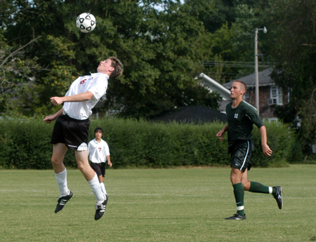 Freshman Duncan Nicol (6) of British Columbia, Canada uses his head during a recent game. - Photo by Jonathan Blair