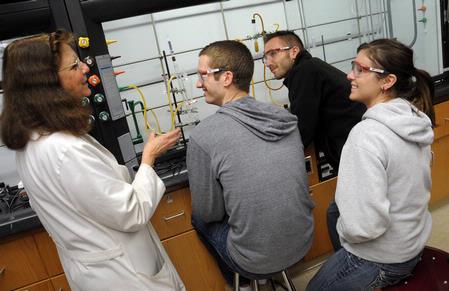 Dr. Sally Henrie, professor of chemistry, explains some details to her students during a chemistry lab experiment. - Photo by Morris Abernathy