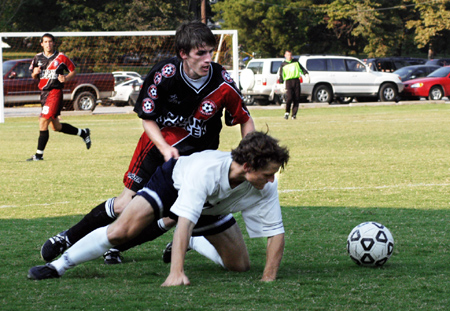 Christopher Anthony tries for the ball in a soccer match at Lambuth.  Union won the match 3-0. - Photo by Justin Veneman