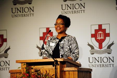 Renee Jones, Assistant Director of Recruitment & Information Technology, Career Services, Student Services, introduced Jeff Wilson, the speaker at the Annual Black History Month program. - Photo by Morris Abernathy
