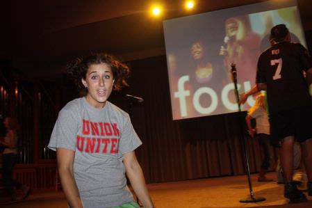 Union Focus Leader Megan Daniels entertains the Fall 2010 freshman class at their annual Focus Show. - Photo by Ebbie Davis